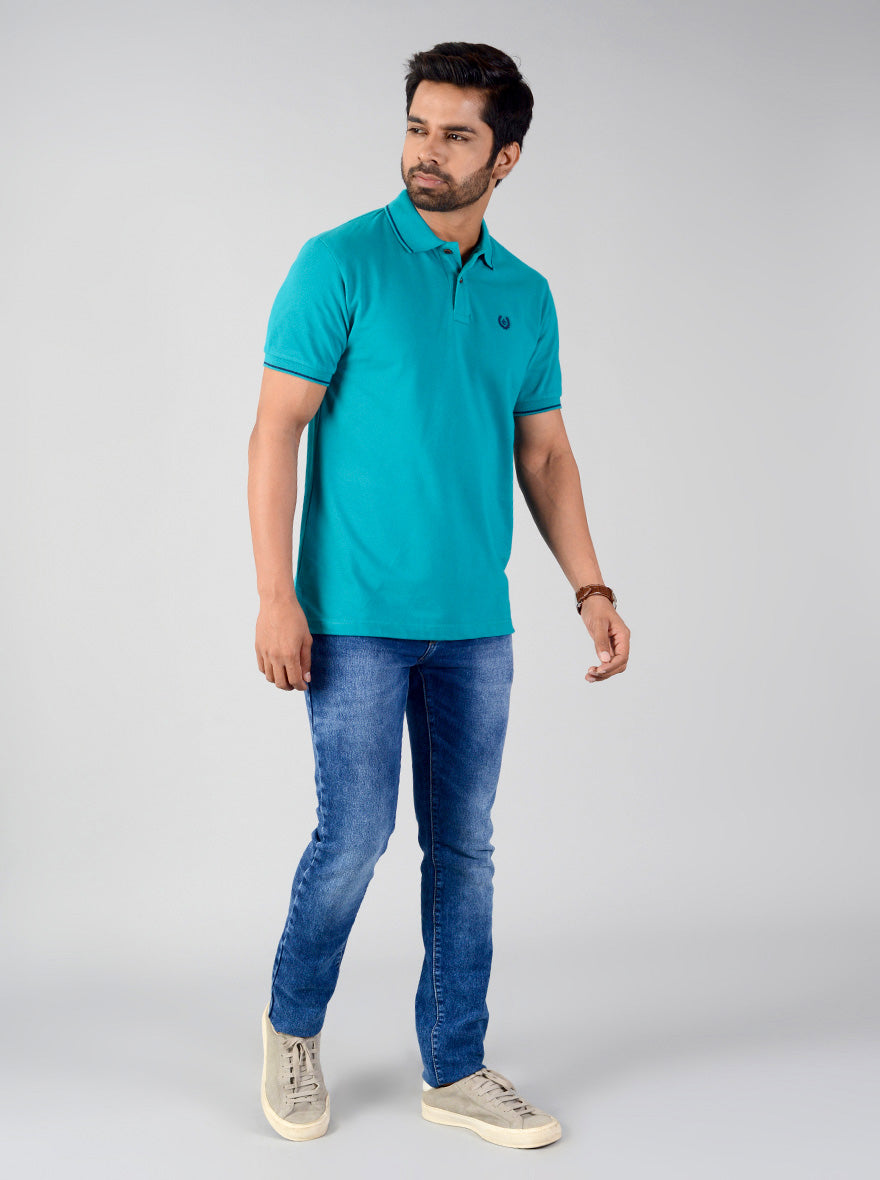 Tile Blue Solid Slim Fit Polo T-shirt | Greenfibre