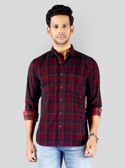 Maroon & Navy Blue Checked Slim Fit Casual Shirt | JB Sport