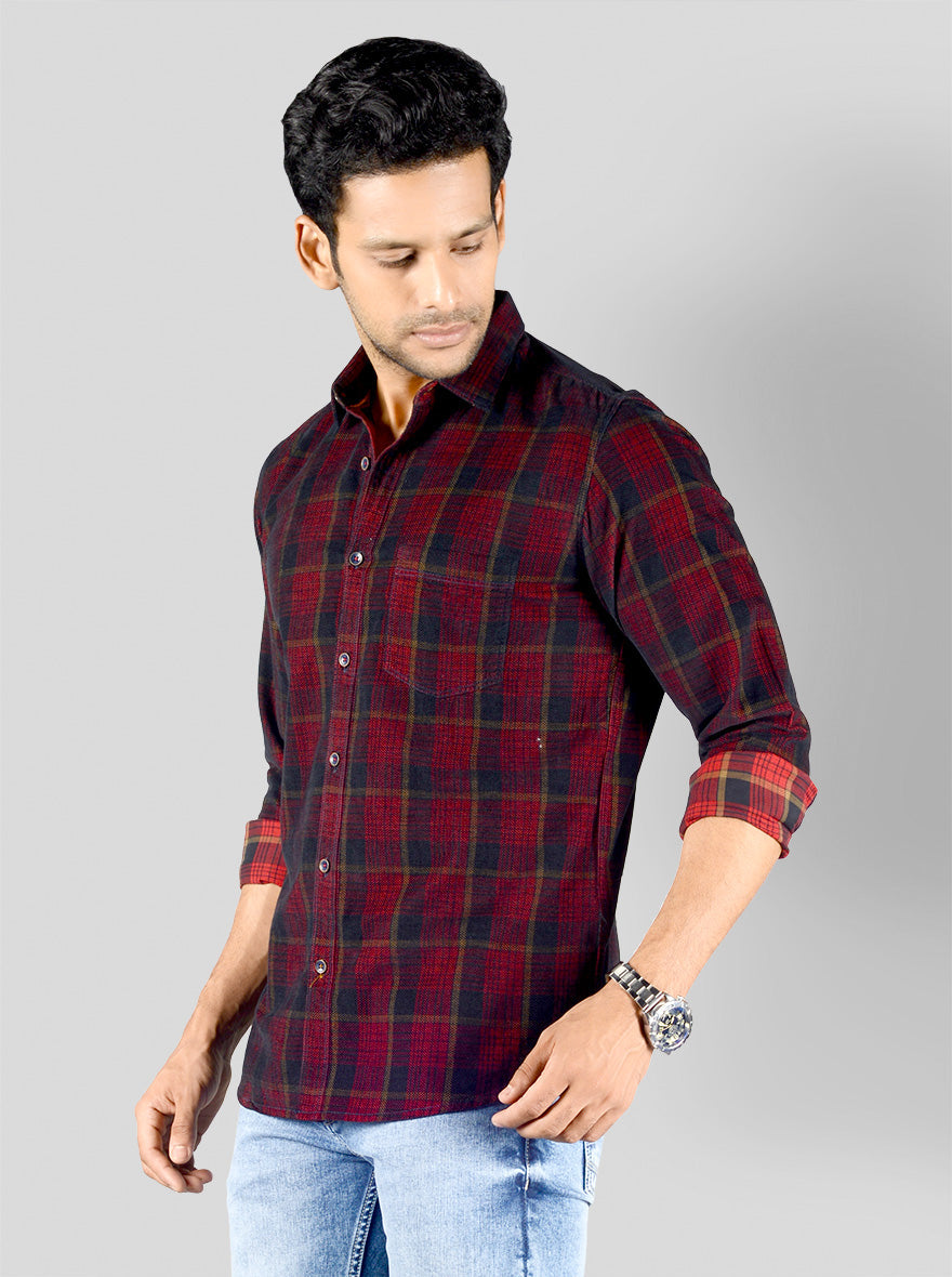 Maroon & Navy Blue Checked Slim Fit Casual Shirt | JB Sport