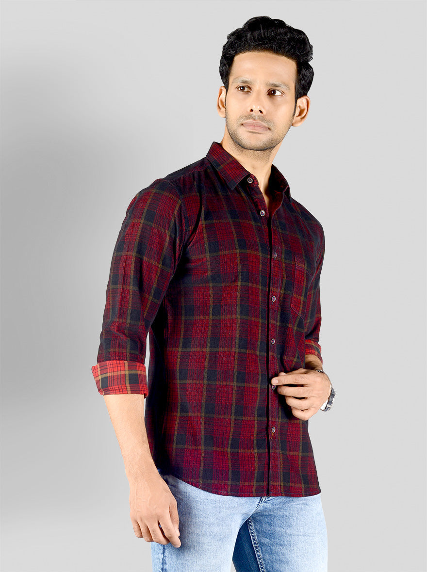 Maroon & Navy Blue Checked Slim Fit Casual Shirt | JB Sport