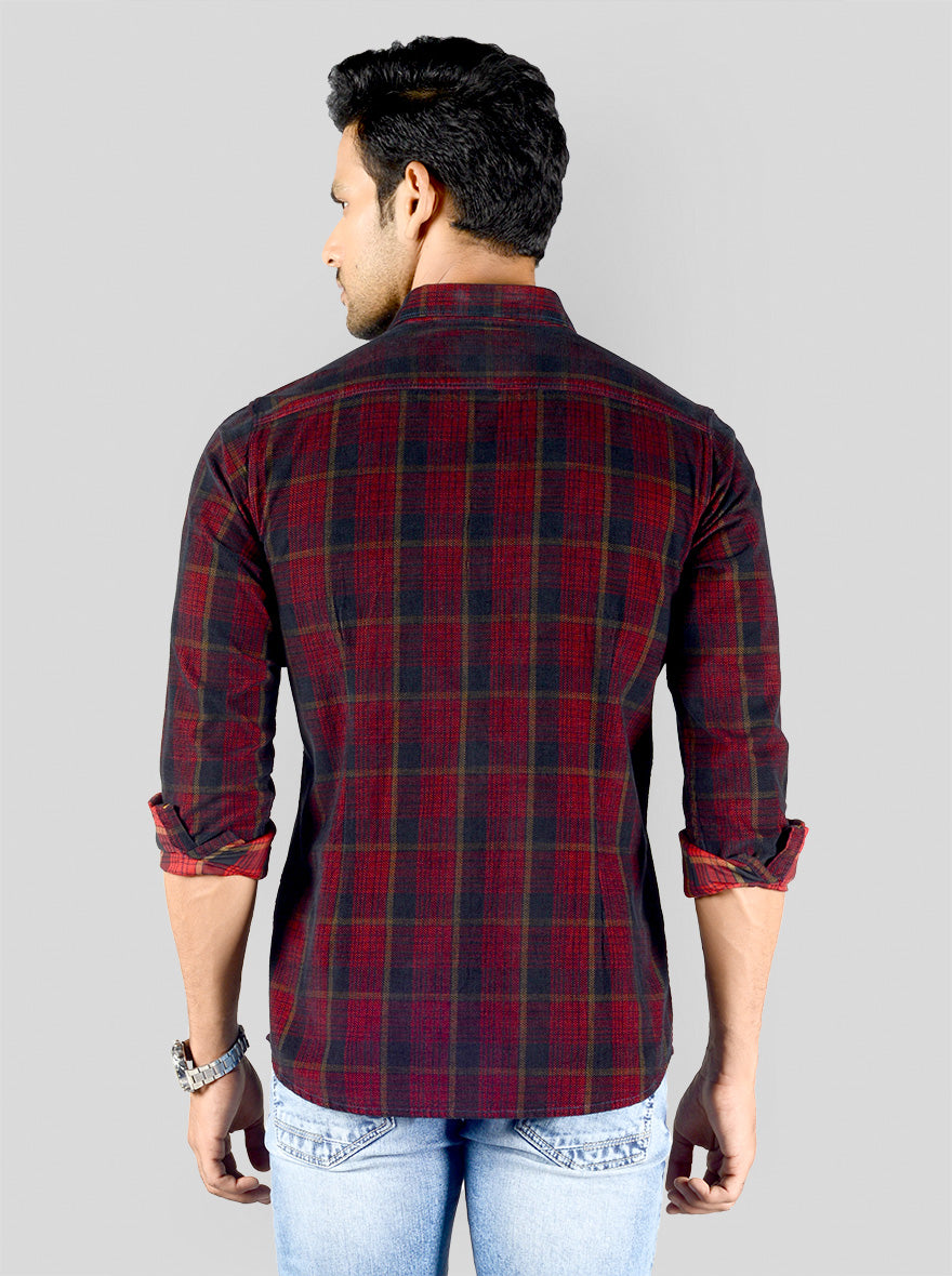 Maroon & Navy Blue Checked Slim Fit Casual Shirt | JB Sport