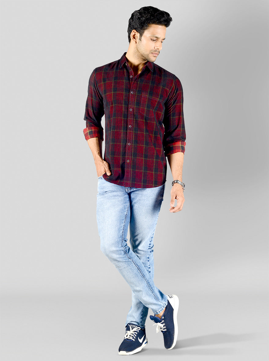 Maroon & Navy Blue Checked Slim Fit Casual Shirt | JB Sport