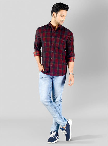 Maroon & Navy Blue Checked Slim Fit Casual Shirt | JB Sport
