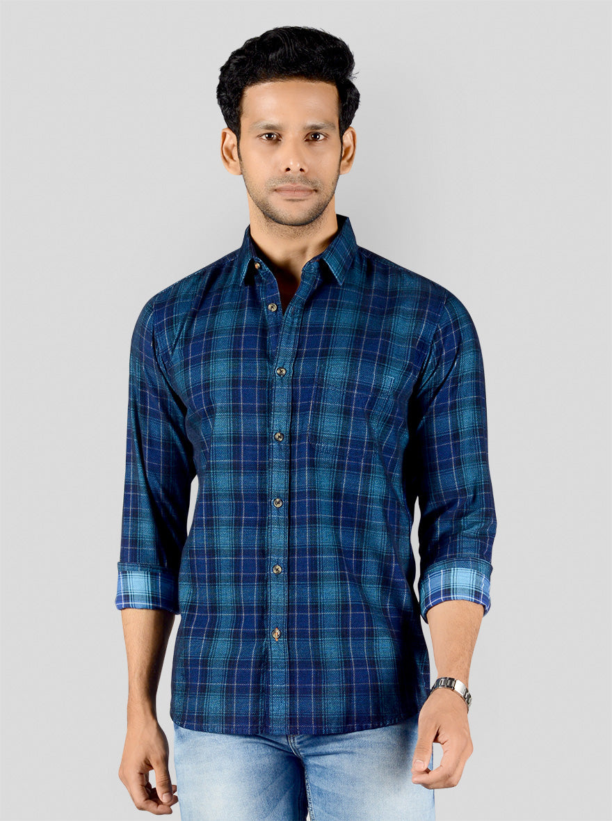 Dark Blue Checked Slim Fit Casual Shirt | JB Sport