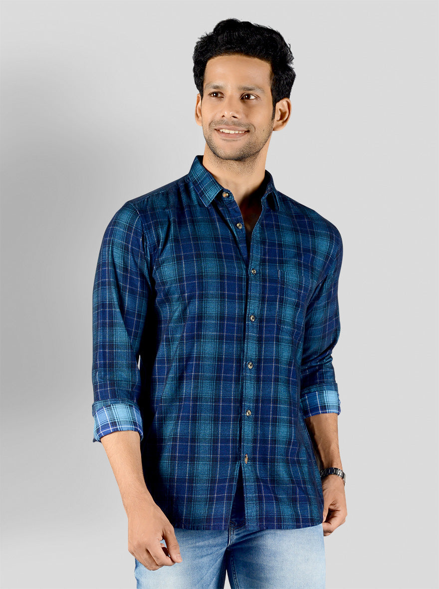 Dark Blue Checked Slim Fit Casual Shirt | JB Sport