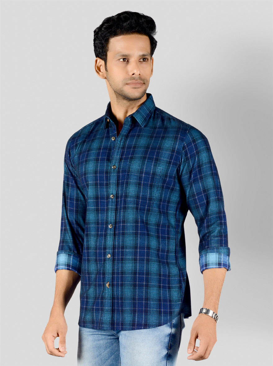 Dark Blue Checked Slim Fit Casual Shirt | JB Sport