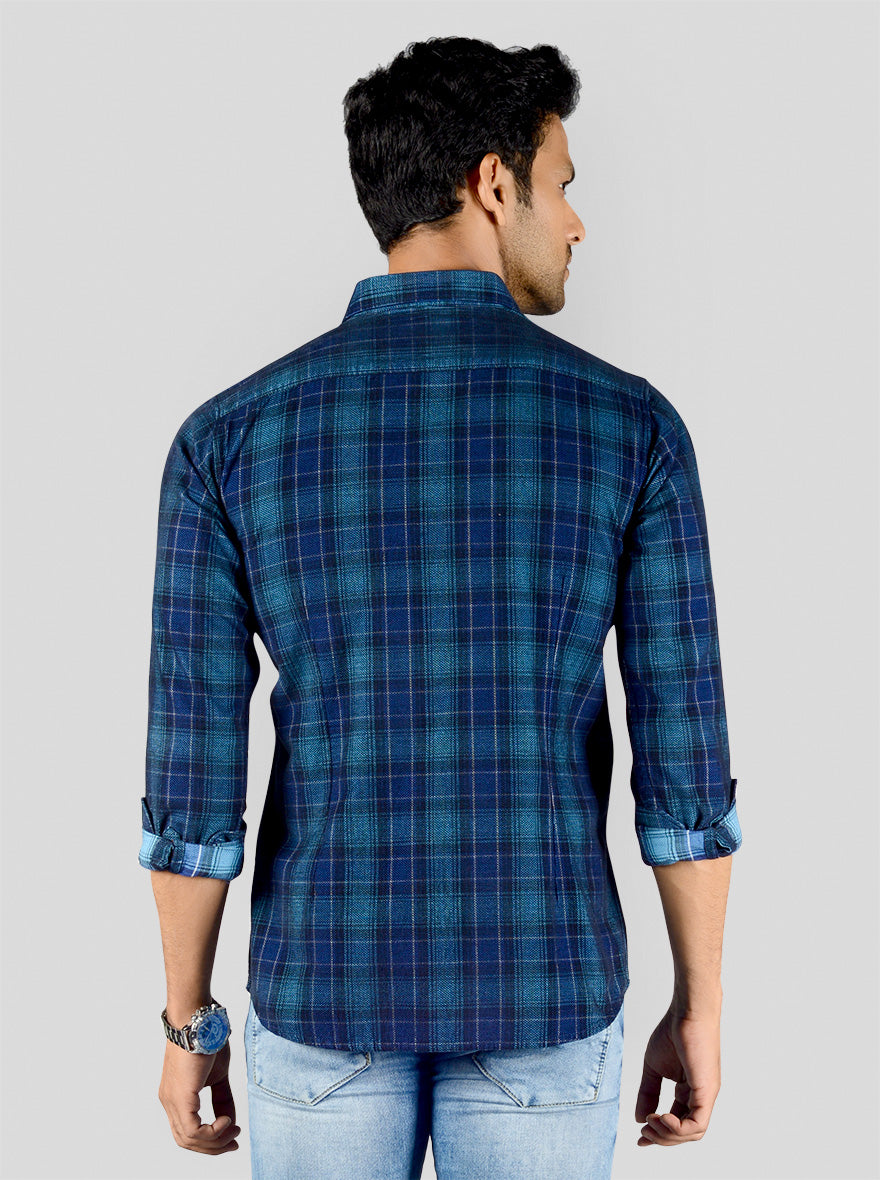 Dark Blue Checked Slim Fit Casual Shirt | JB Sport