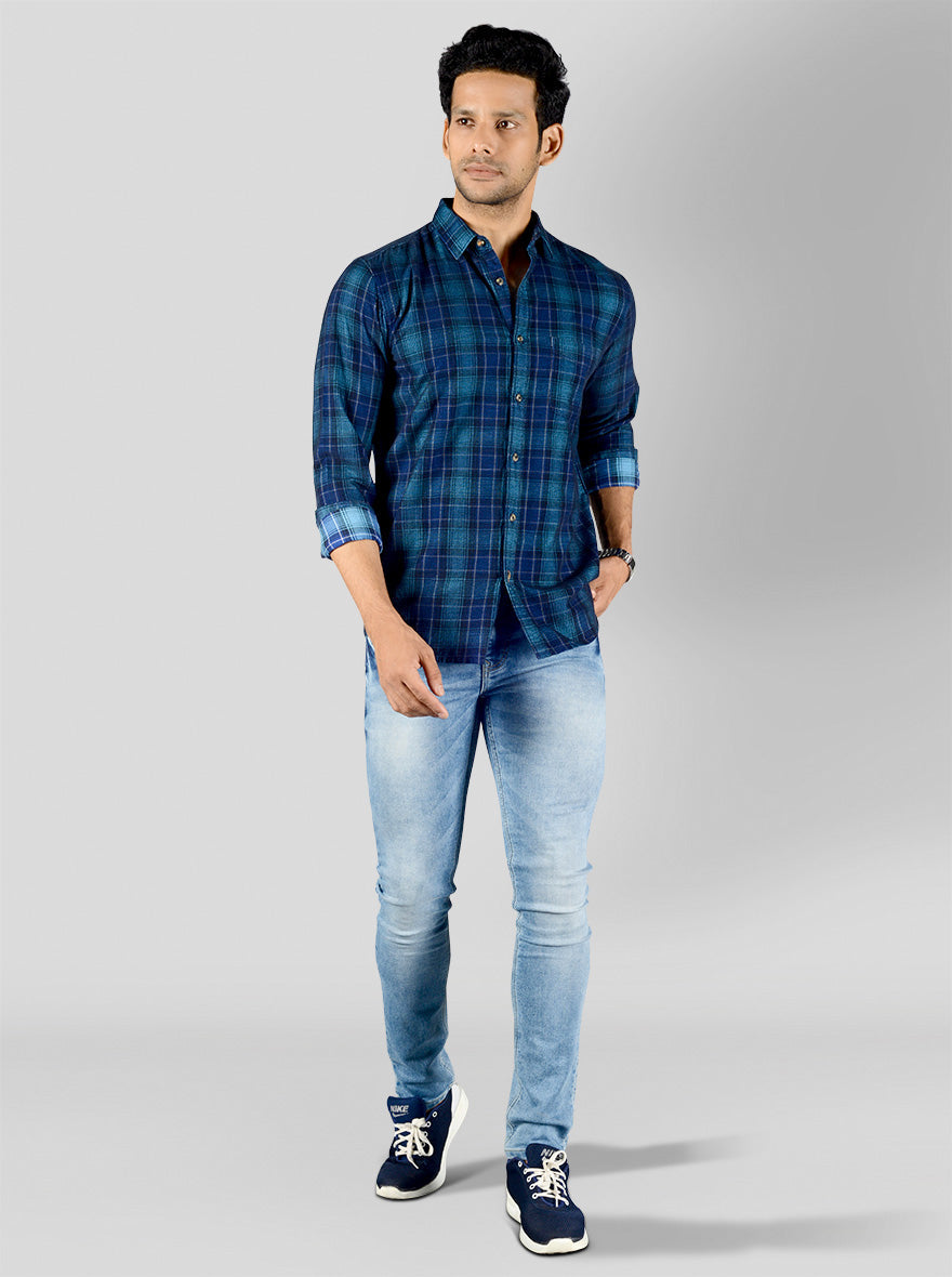 Dark Blue Checked Slim Fit Casual Shirt | JB Sport