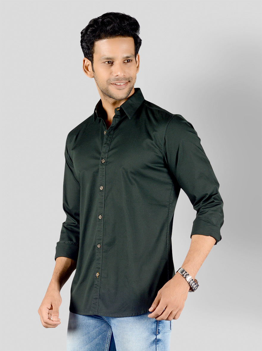 Bottle Green Solid Slim Fit Casual Shirt | JB Sport