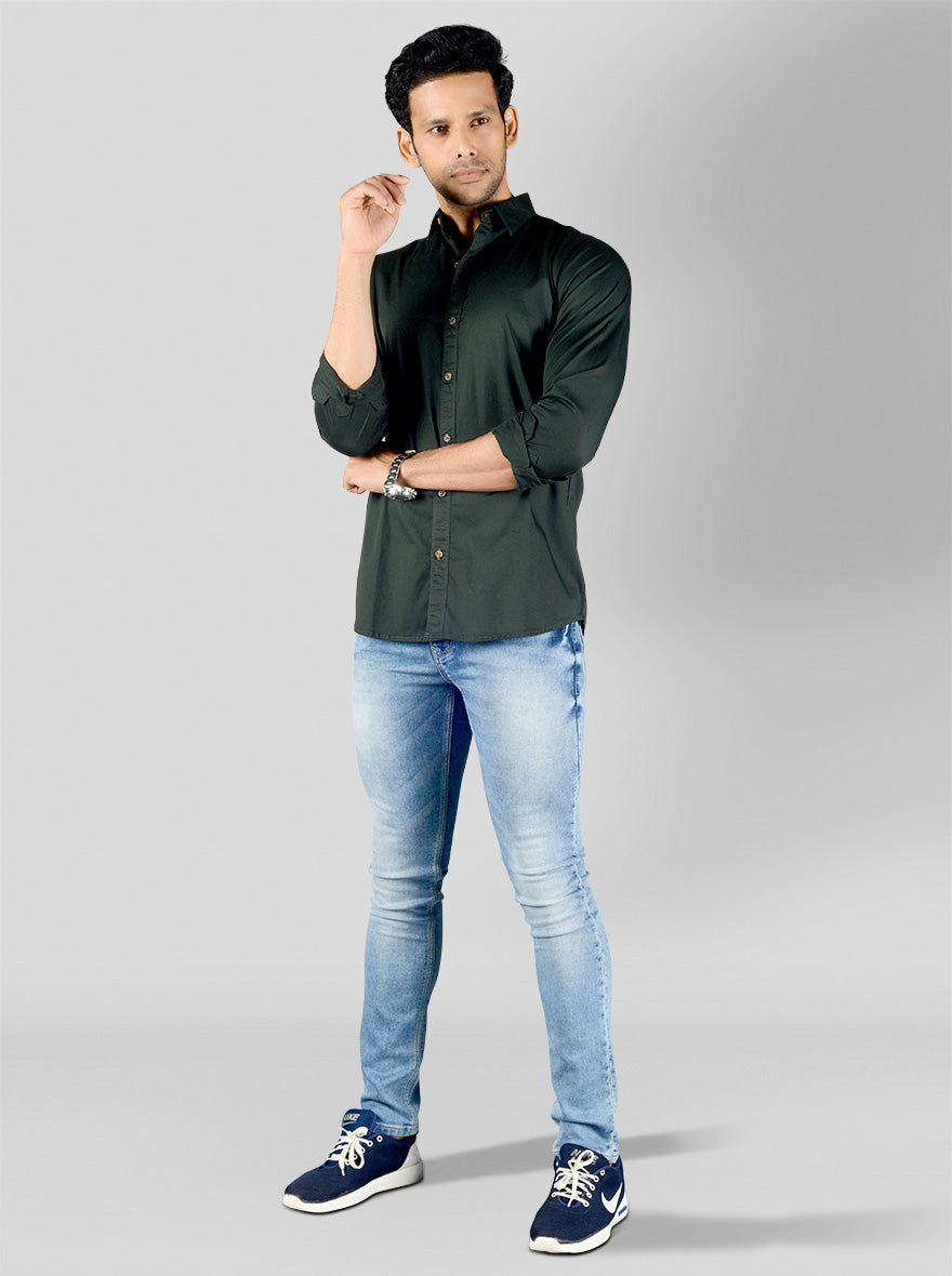 Bottle Green Solid Slim Fit Casual Shirt | JB Sport