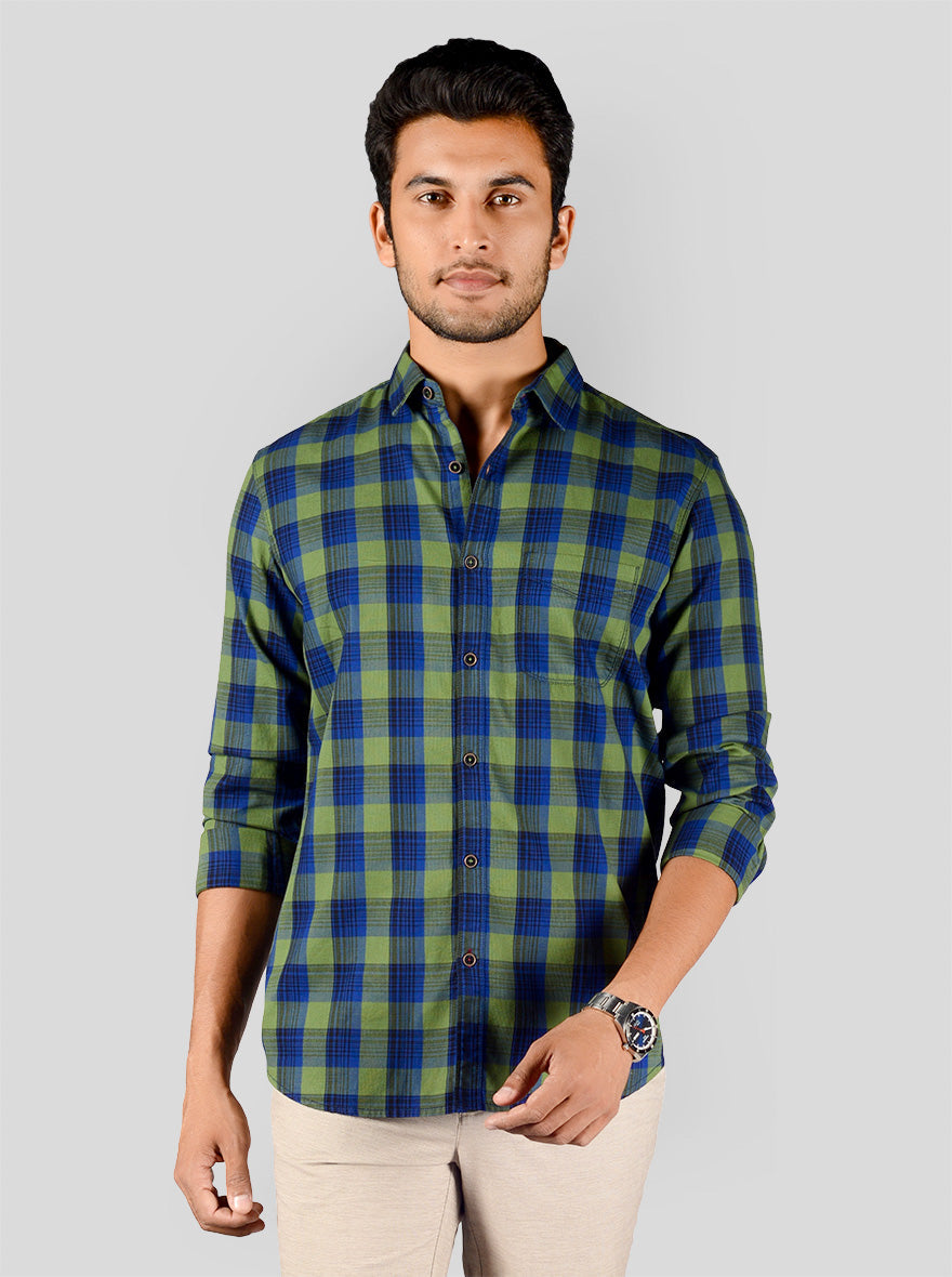 Green & Blue Checked Slim Fit Casual Shirt | JB Sport