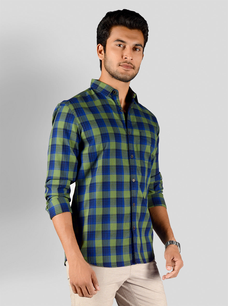 Green & Blue Checked Slim Fit Casual Shirt | JB Sport