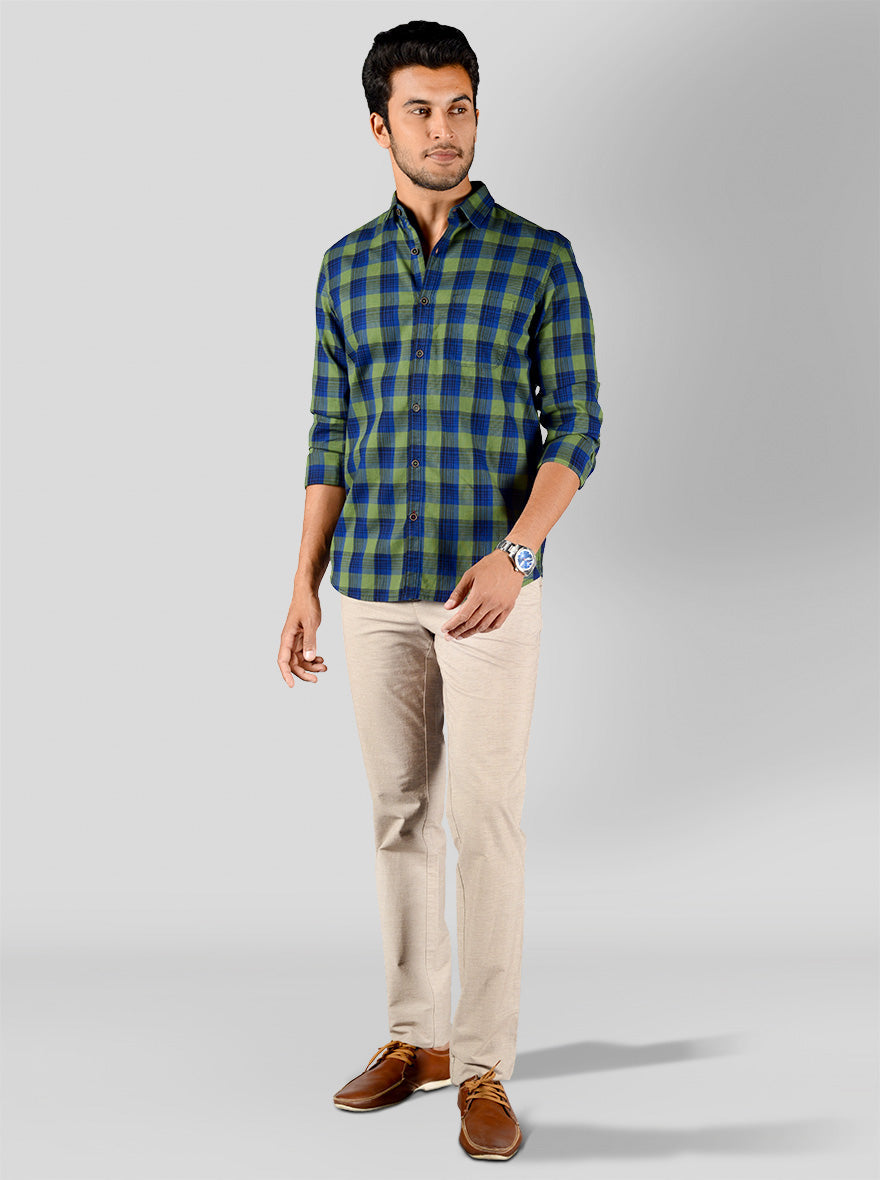 Green & Blue Checked Slim Fit Casual Shirt | JB Sport