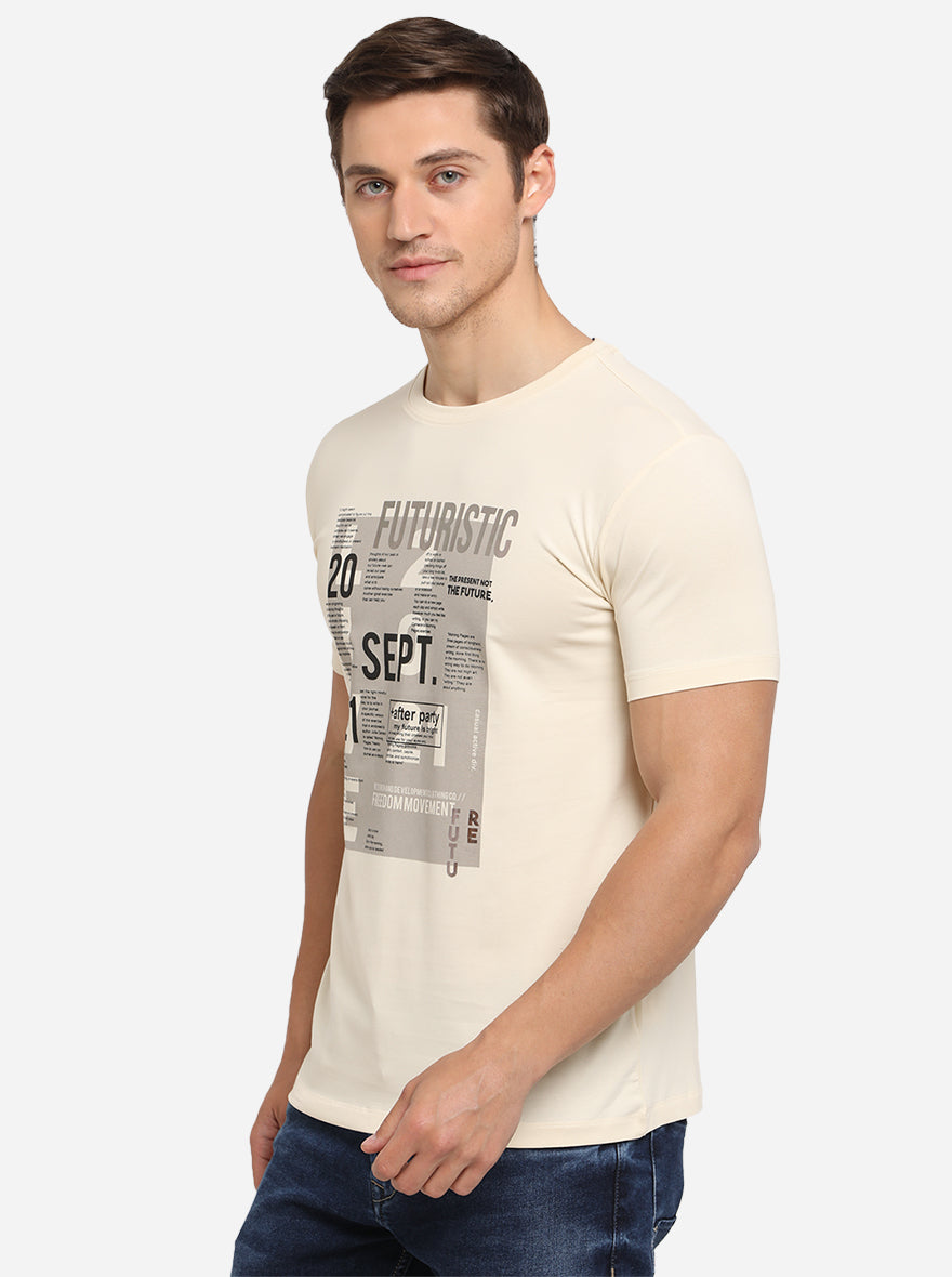 Cream Printed Slim Fit T-Shirt | JadeBlue Sport