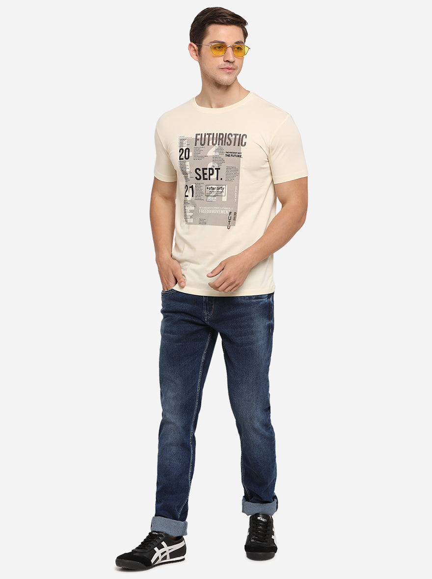 Cream Printed Slim Fit T-Shirt | JadeBlue Sport