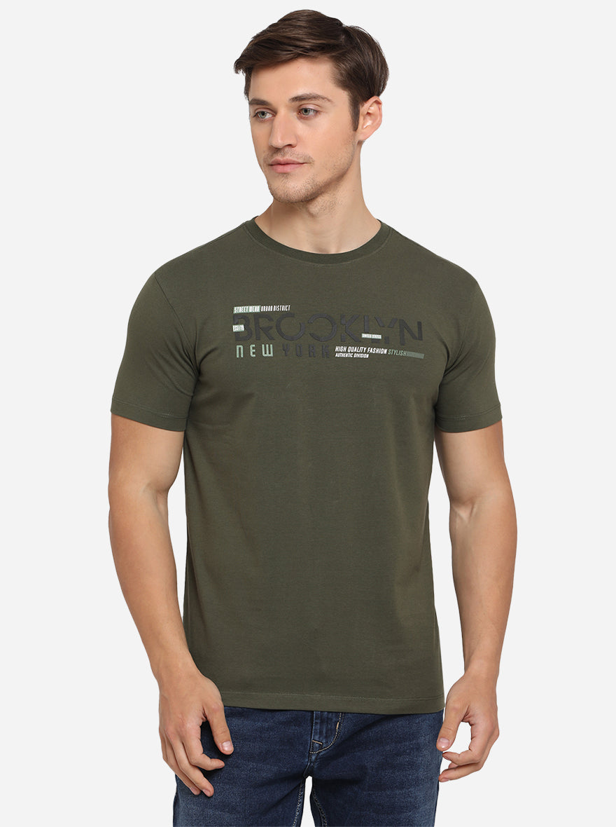 Olive Green Printed Slim Fit T-Shirt | JadeBlue Sport