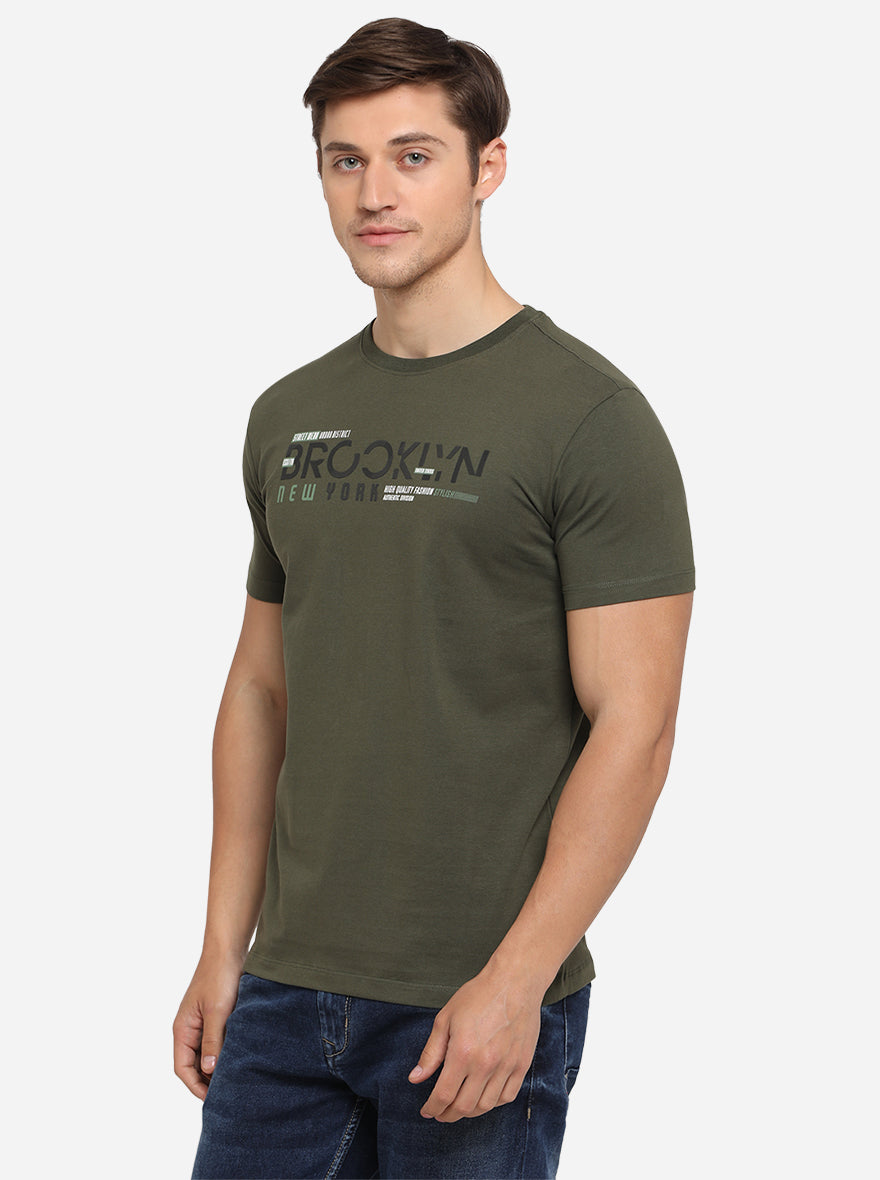 Olive Green Printed Slim Fit T-Shirt | JadeBlue Sport