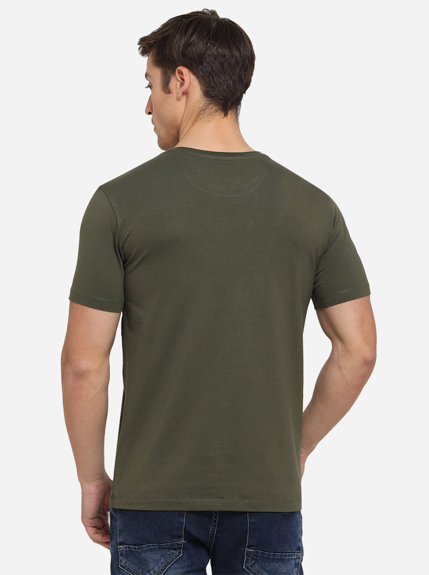 Olive Green Printed Slim Fit T-Shirt | JadeBlue Sport