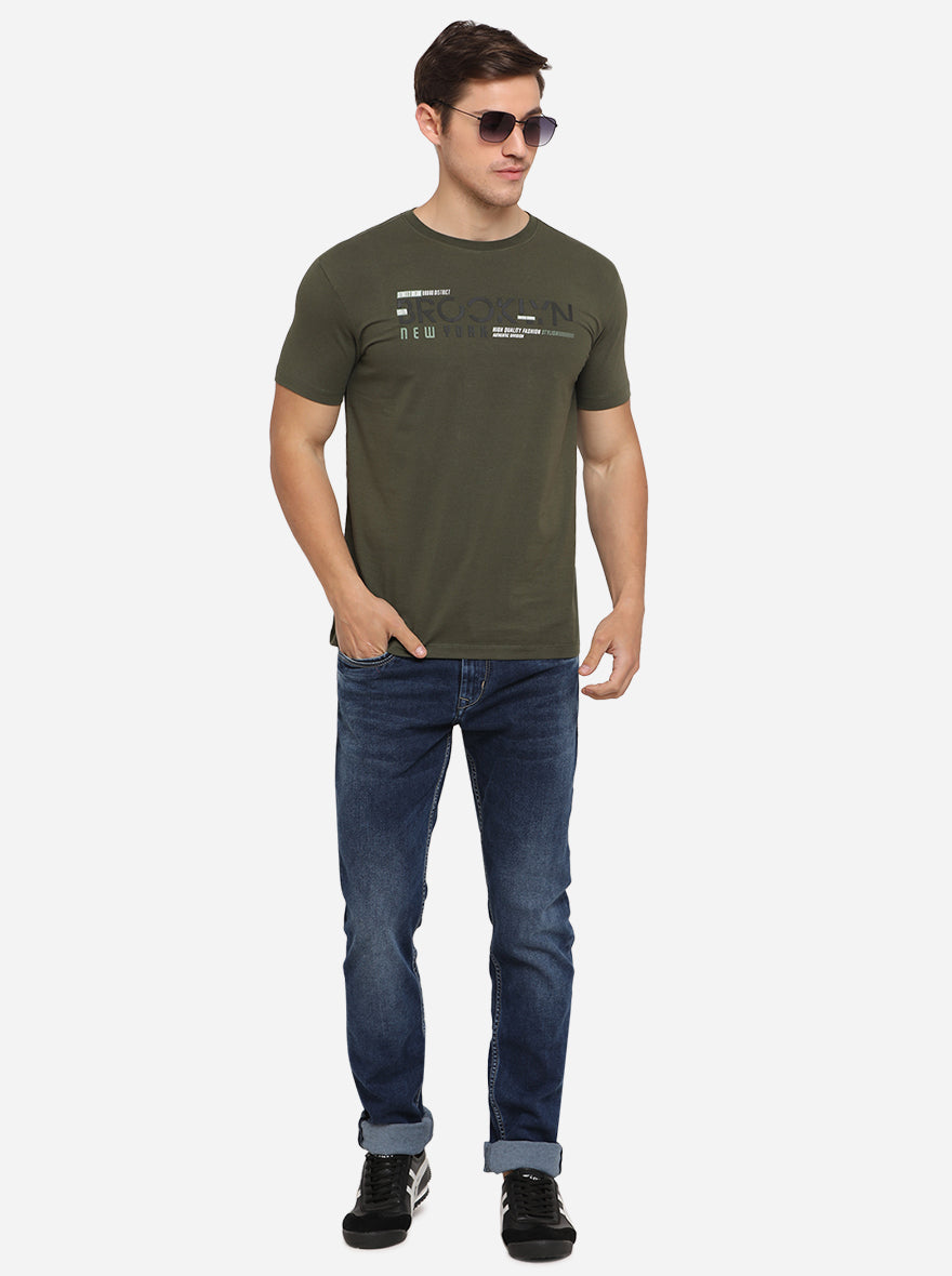 Olive Green Printed Slim Fit T-Shirt | JadeBlue Sport