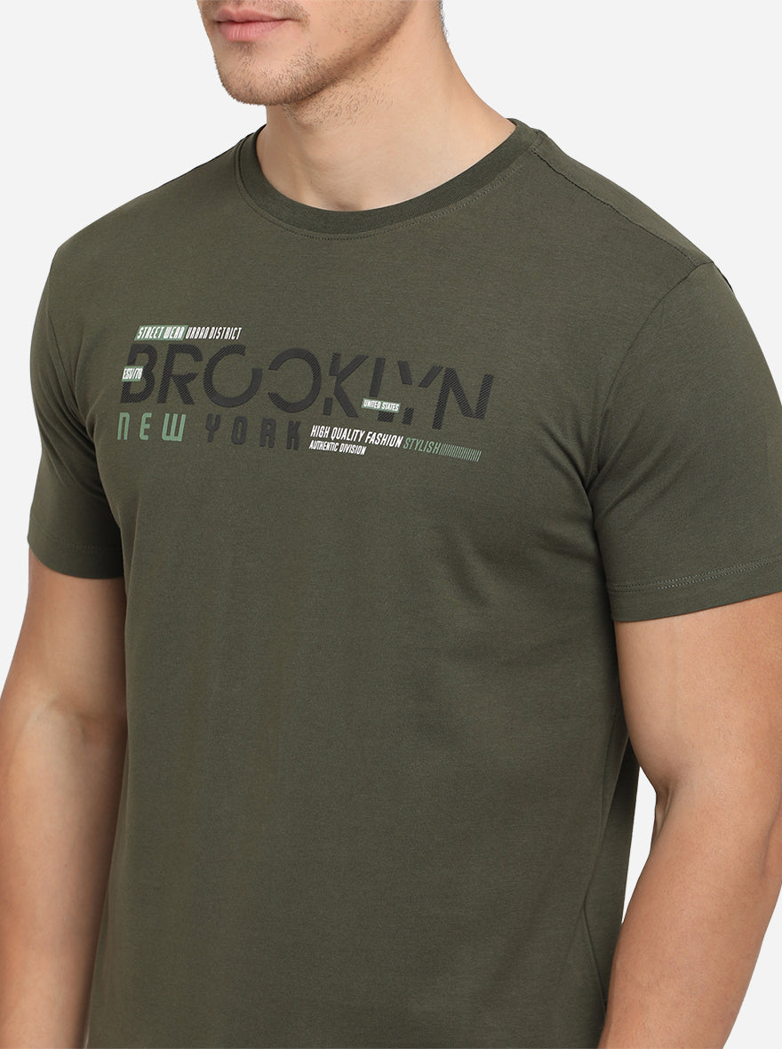 Olive Green Printed Slim Fit T-Shirt | JadeBlue Sport