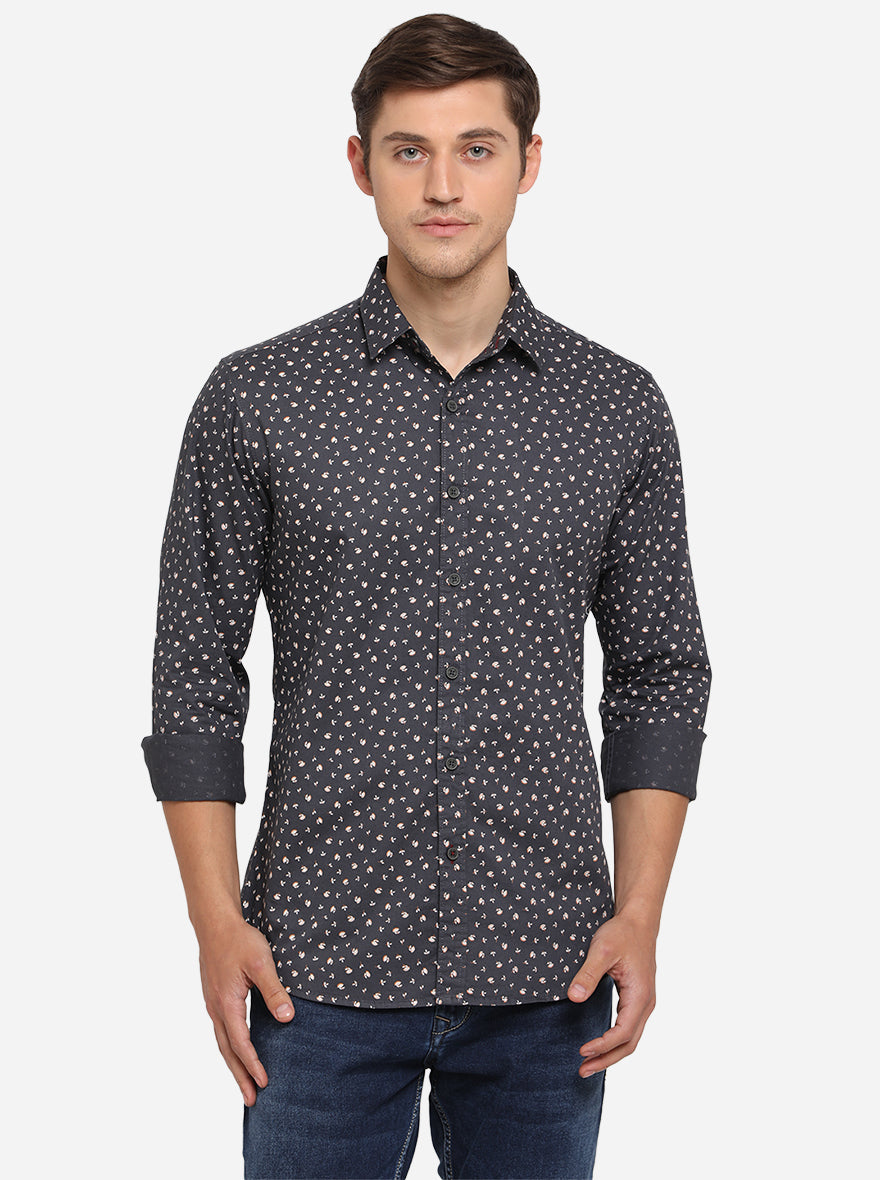 Olive Printed Slim Fit Casual Shirt | Greenfibre