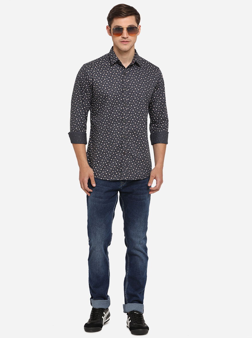 Olive Printed Slim Fit Casual Shirt | Greenfibre