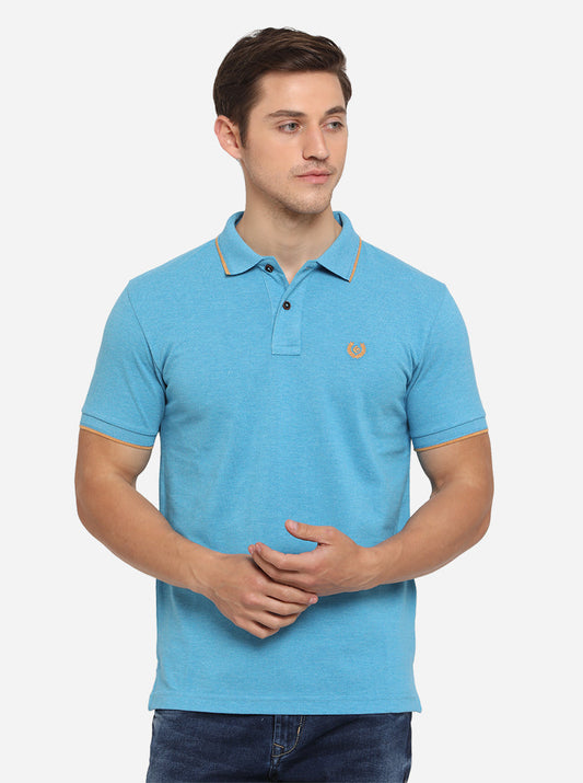 Cyan Blue Solid Slim Fit Polo T-Shirt | Greenfibre