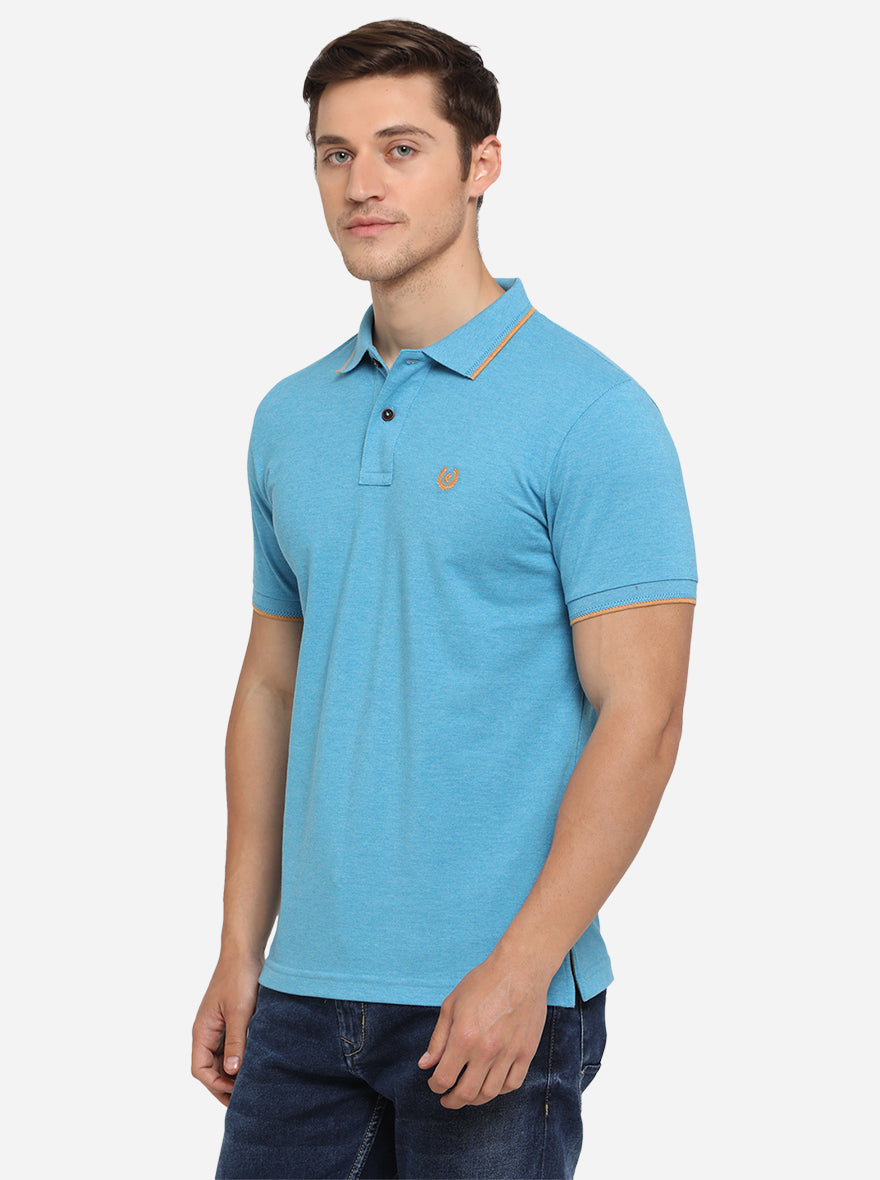 Cyan Blue Solid Slim Fit Polo T-Shirt | Greenfibre