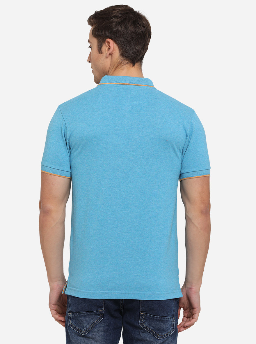 Cyan Blue Solid Slim Fit Polo T-Shirt | Greenfibre