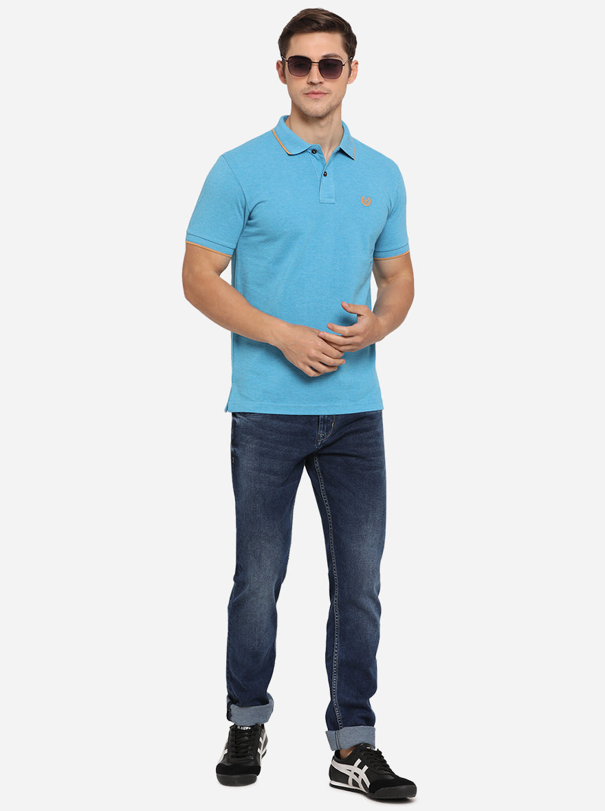 Cyan Blue Solid Slim Fit Polo T-Shirt | Greenfibre