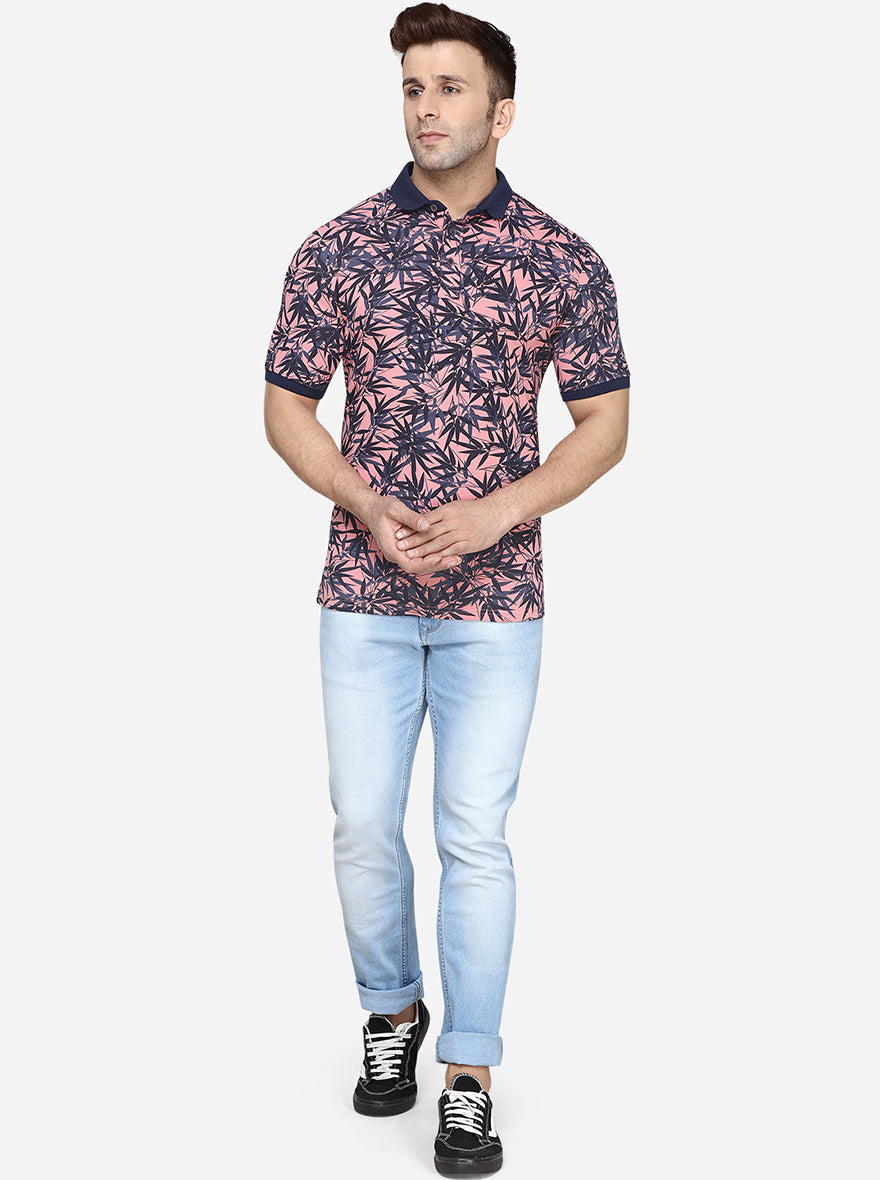 Peach & Blue Printed Slim Fit Polo T-Shirt | JadeBlue Sport