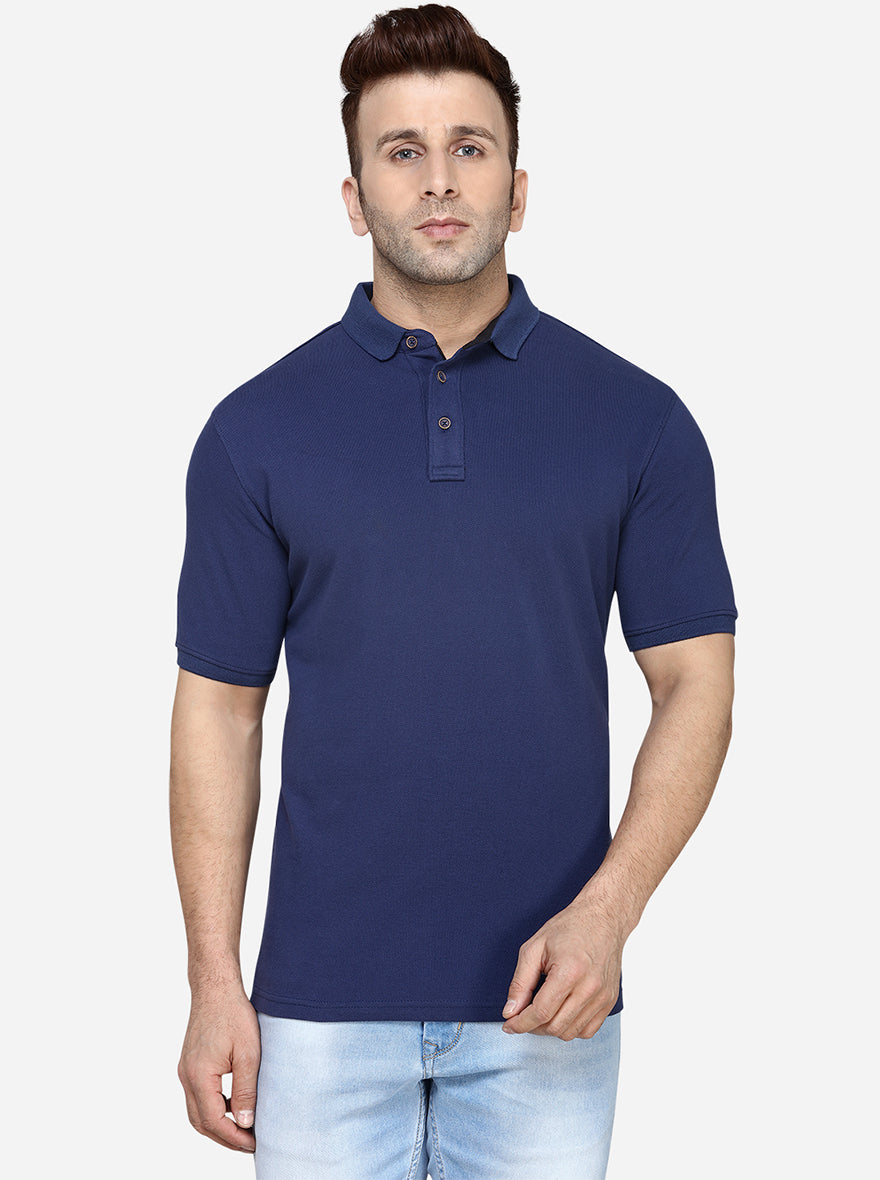 Navy Blue Solid Slim Fit Polo T-Shirt | JadeBlue Sport