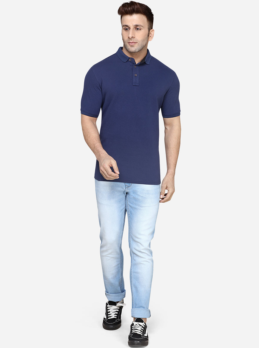 Navy Blue Solid Slim Fit Polo T-Shirt | JadeBlue Sport