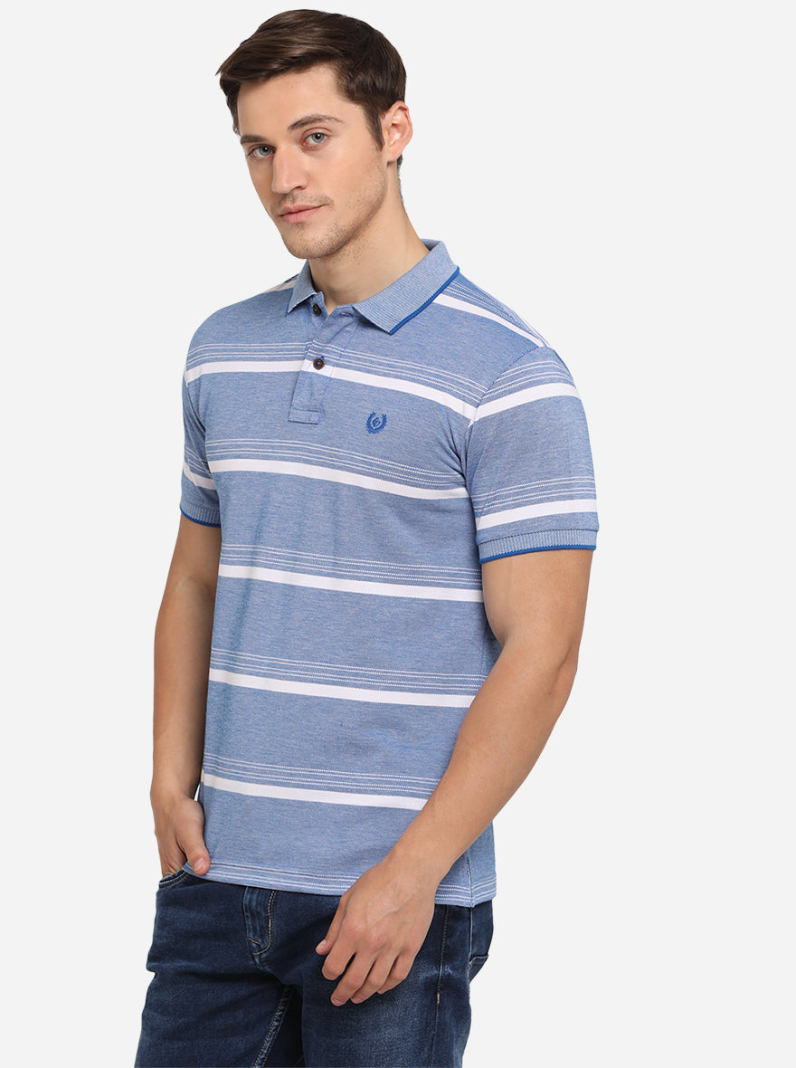 Light Blue & White Striped Slim Fit Polo T-Shirt | Greenfibre