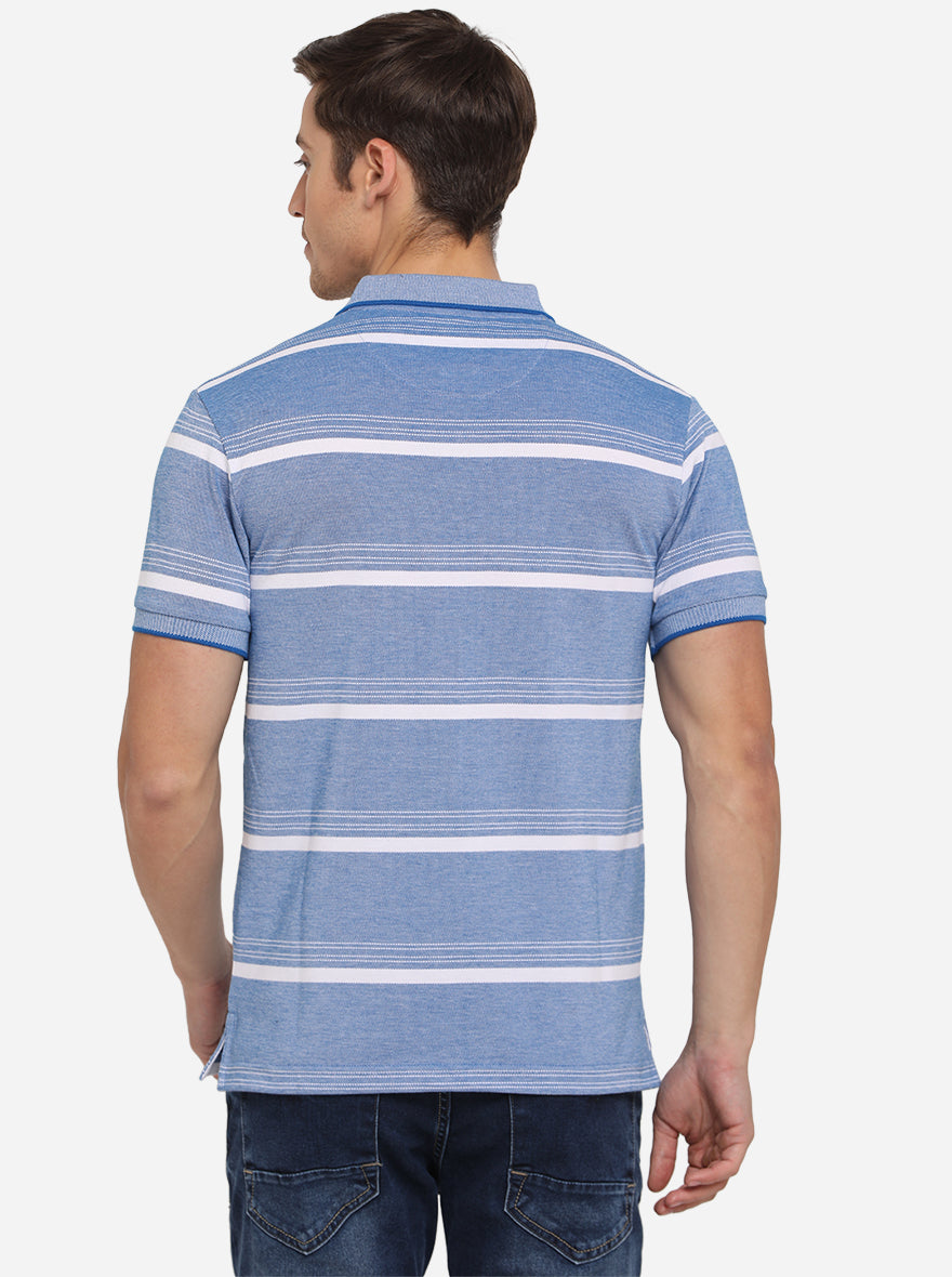 Light Blue & White Striped Slim Fit Polo T-Shirt | Greenfibre