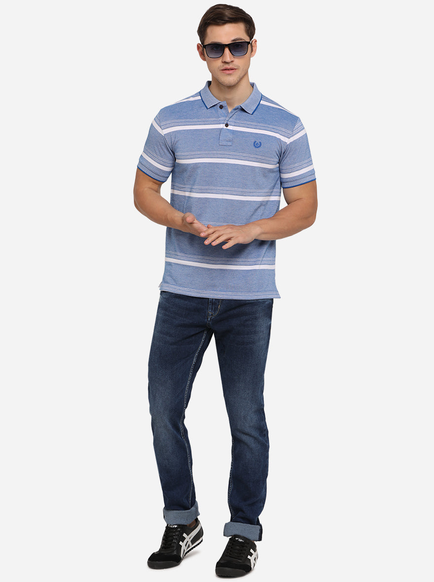 Light Blue & White Striped Slim Fit Polo T-Shirt | Greenfibre