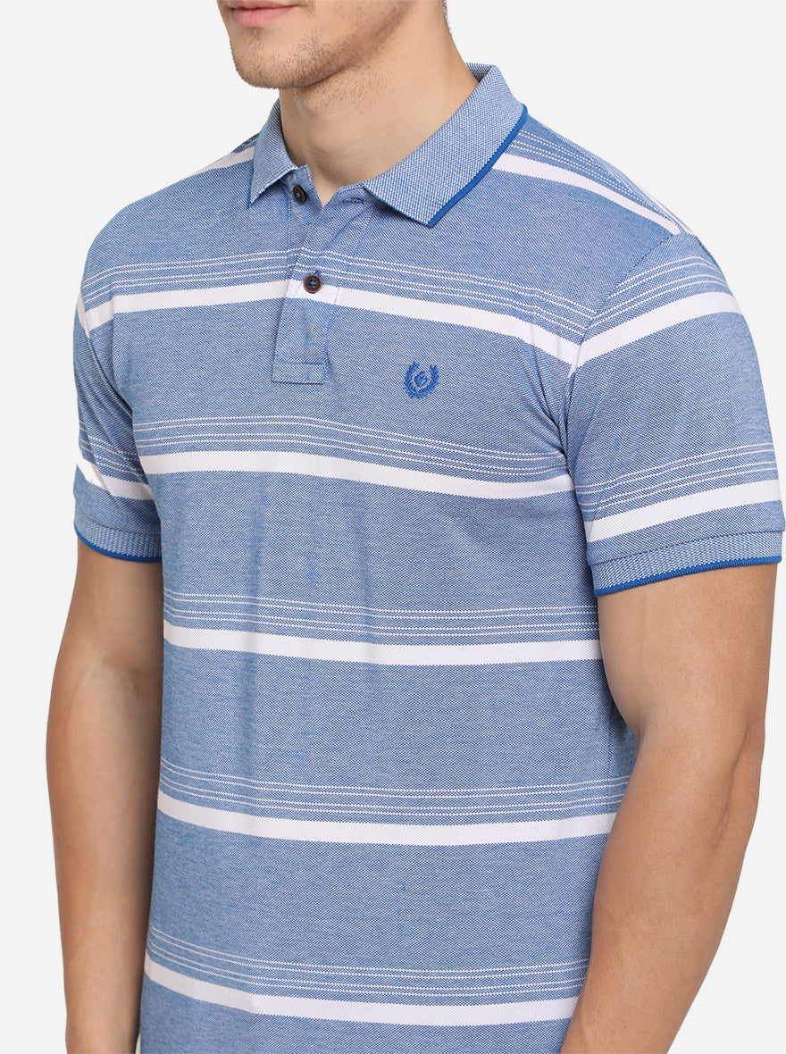 Light Blue & White Striped Slim Fit Polo T-Shirt | Greenfibre