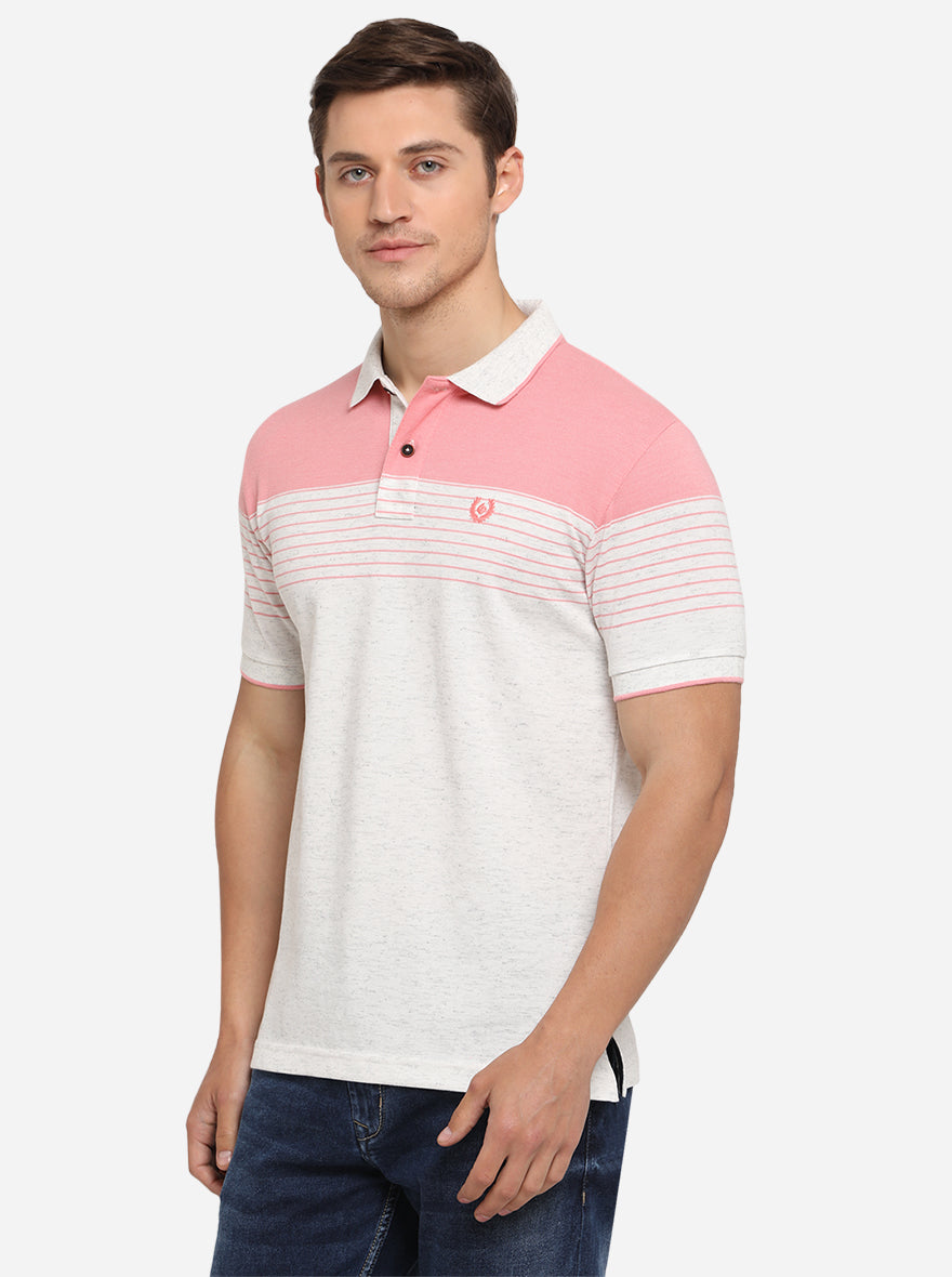 Peach & Anthra Melange Striped Slim Fit Polo T-Shirt | Greenfibre