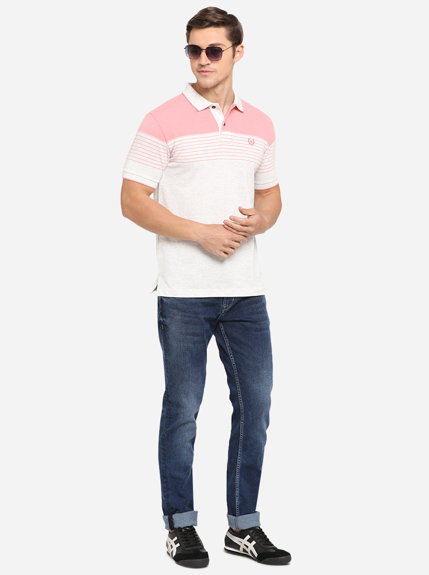 Peach & Anthra Melange Striped Slim Fit Polo T-Shirt | Greenfibre