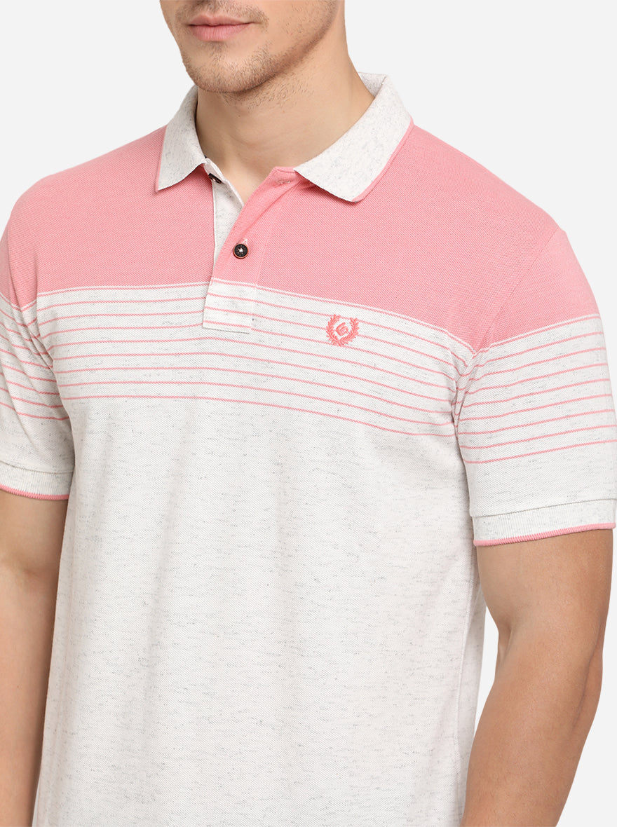 Peach & Anthra Melange Striped Slim Fit Polo T-Shirt | Greenfibre