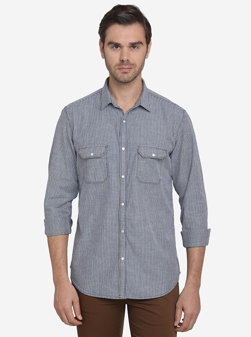 Blue Striped Slim Fit Casual Shirt  | JadeBlue Sport