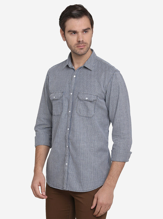 Blue Striped Slim Fit Casual Shirt  | JadeBlue Sport