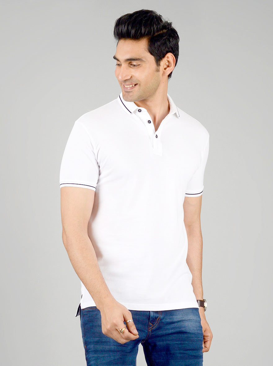 White Solid Slim Fit Polo T-shirt | JB Sport