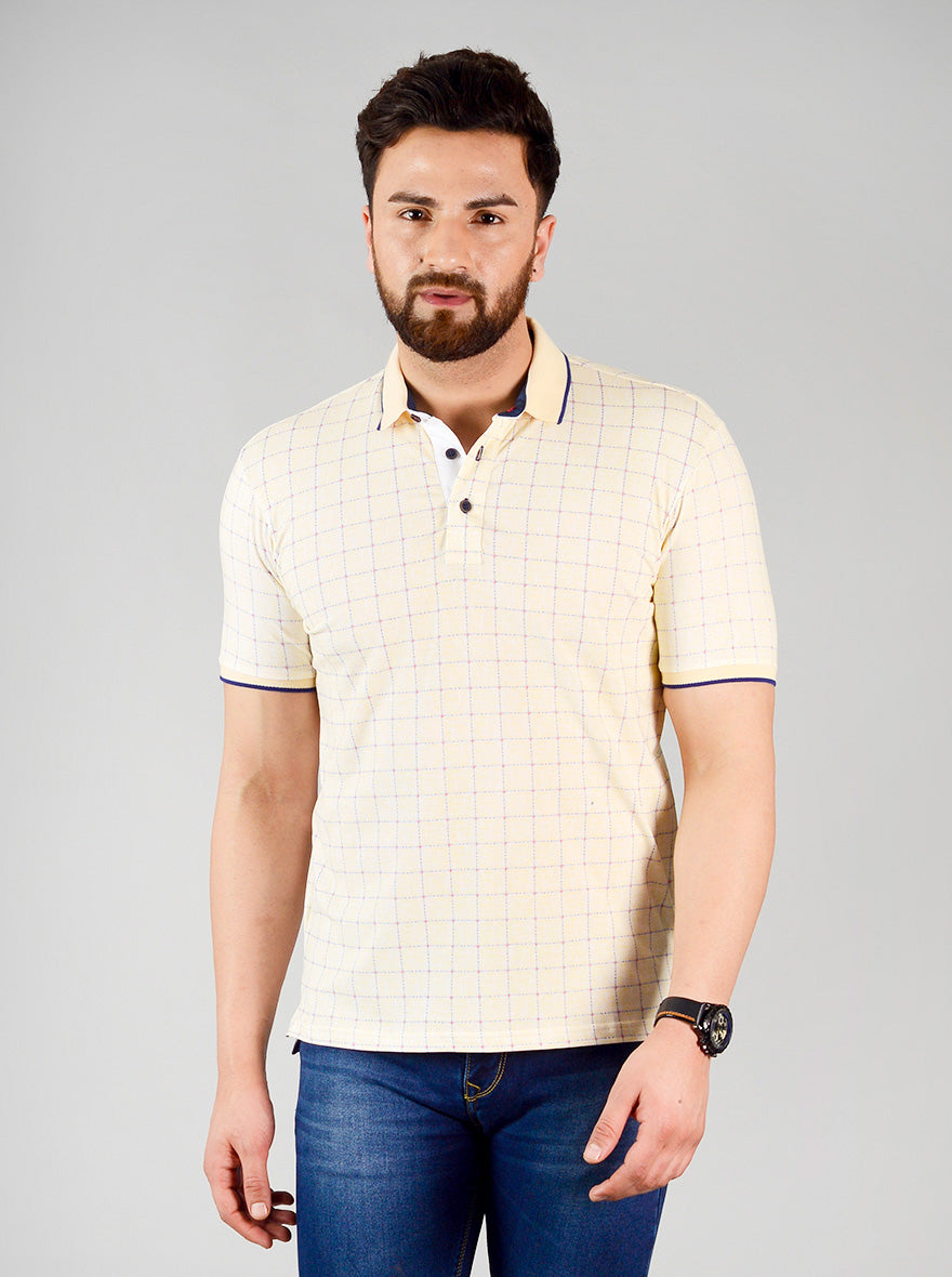 Pale Banana Yellow Printed Slim Fit Polo T-shirt | JB Sport