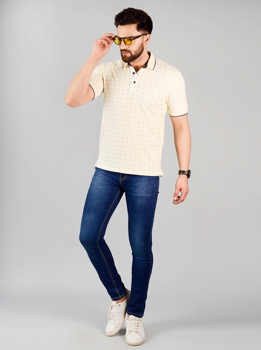 Pale Banana Yellow Printed Slim Fit Polo T-shirt | JB Sport