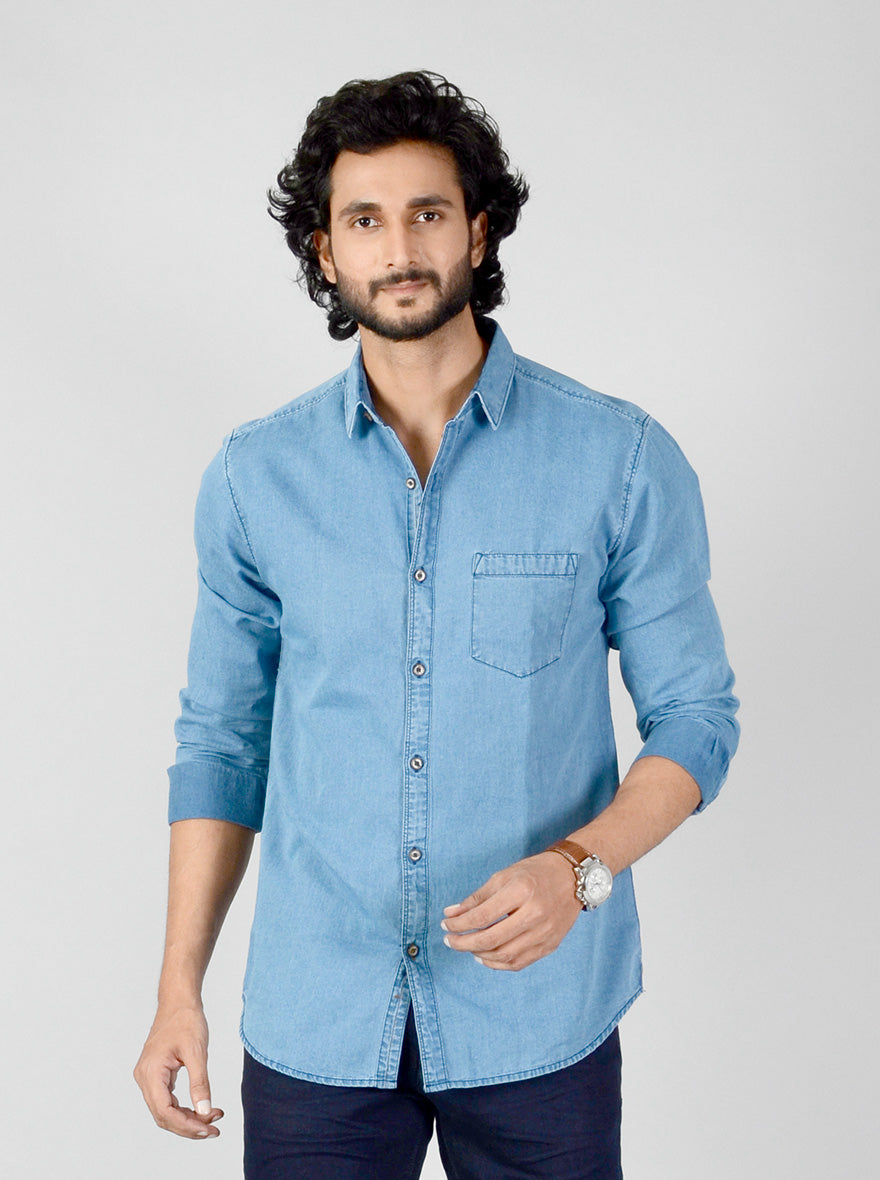 Faded Denim Blue Solid Slim Fit Casual Shirt | JB Sport