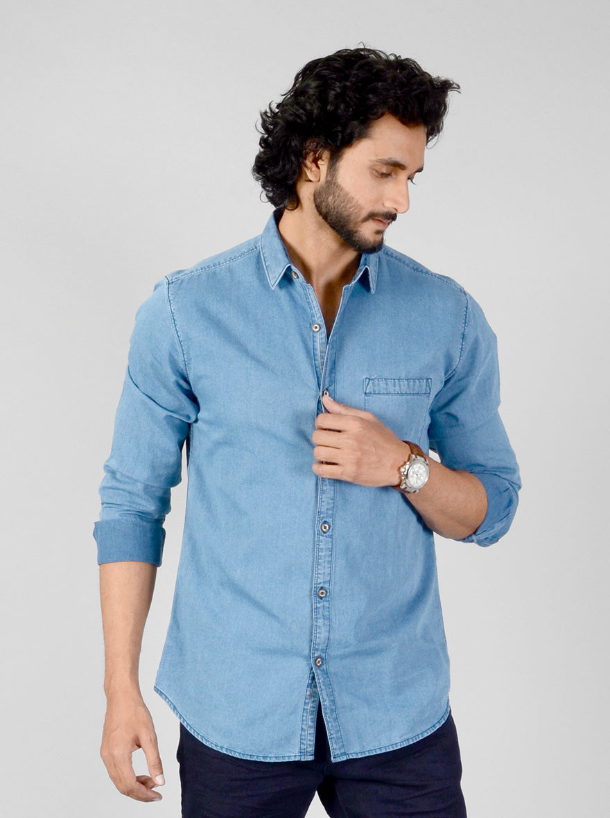 Faded Denim Blue Solid Slim Fit Casual Shirt | JB Sport