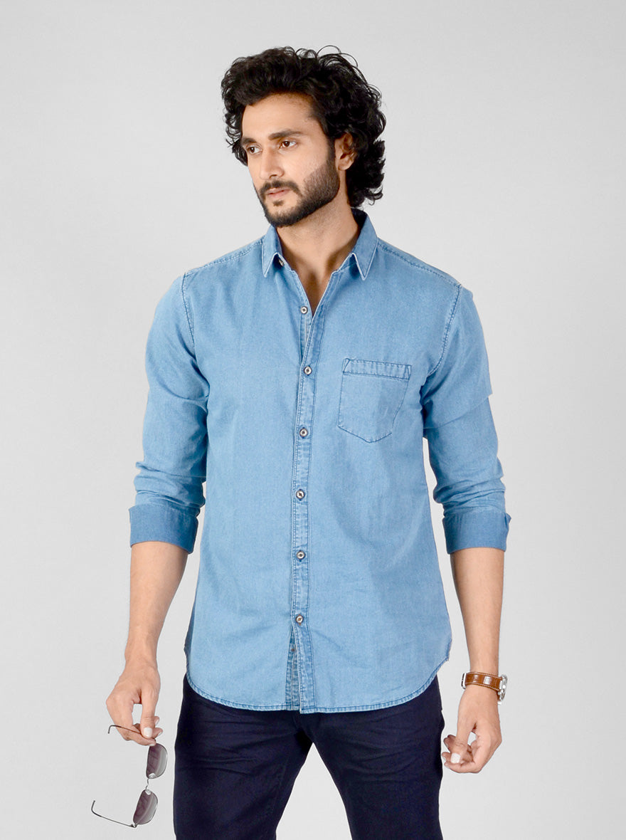 Faded Denim Blue Solid Slim Fit Casual Shirt | JB Sport