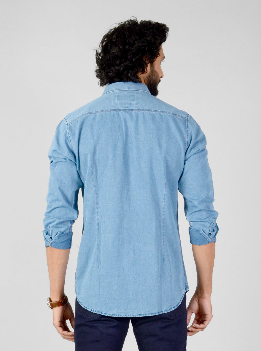 Faded Denim Blue Solid Slim Fit Casual Shirt | JB Sport