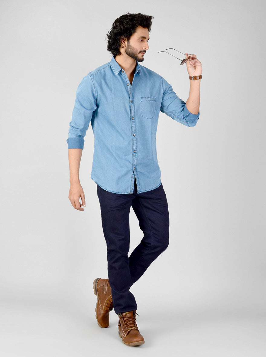 Faded Denim Blue Solid Slim Fit Casual Shirt | JB Sport